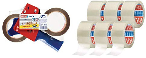 tesapack Ultra Strong und Handabroller im Set mit 2 besonders reißfesten PVC-Klebebändern - Braun - 66 m x 50 mm & ack 64014 im 6er Pack - Geräuscharmes Paketklebeband - transparent - 6 Rollen je 66 m