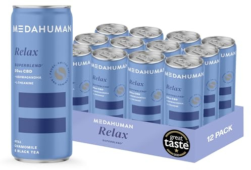 MEDAHUMAN CBD Still Drink (20mg), Relax, Chamomile & Black Tea, with Ashwagandha, L-Theanine, Magnesium & Vitamin D3, Nootropic, Adaptogen & CBD Relaxation & Anxiety Relief Drink (Pack of 12 x 250ml)