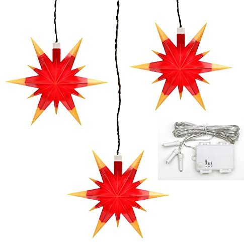 ***3er Set Weihnachtssterne aus Kunststoff in rot/gelb, inkl. LED Beleuchtung und 6h Timer, für Batteriebetrieb, für Innen und Außen geeignet. Maße je Stern L/B/H: 13,5 x 5,5 x 12 cm.