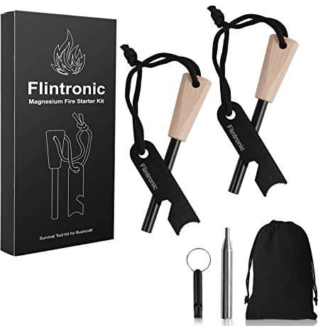 Survival Fire Steel, 2 Pack Flint Striker Steel Fire Starter Kit, Magnesium Ferrocium Rod Firesteel with Scale Scraper & Whistle, Outdoor Emergency Survival Tool for Travelling Camping Hiking
