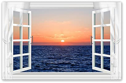 Tableau sur Toile XXL Paysage - Impression sur Toile Vue de la fenêtre- Decoration Murale Salon Moderne - Image sur Toile -Vagues Lever du Soleil 50x75cm(20x30in) Sans cadre