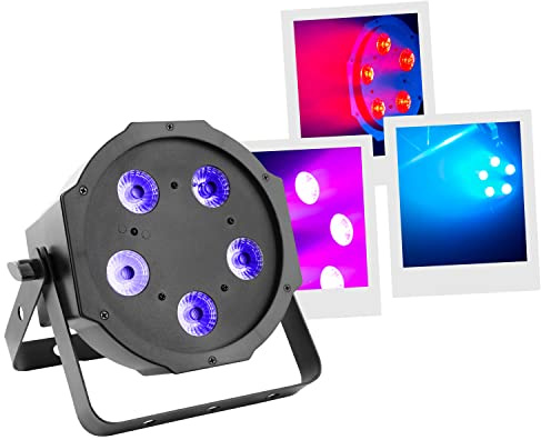 BoomToneDJ FlatPAR 5X5W 4in1 RGB-UV Projecteur LED multicolore avec DMX 512. Modes automatique, détection musicale. Télécommande IR incluse. Link alimentation. Eclairage de scène, soirées Clubs, DJ.