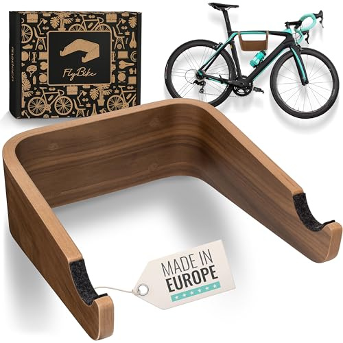 madeco Supporto da parete per bicicletta in legno – FlyBike S Noce – Design supporto per bicicletta a parete per appartamento – bici da strada, Gravel Bike, mountain bike, Fixie, Singlespeed