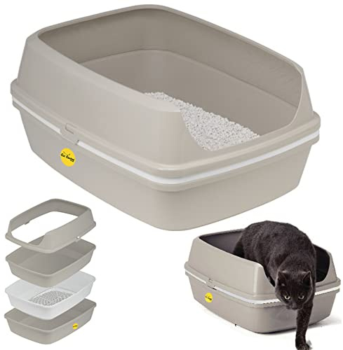 CAT CENTRE Jumbo Scoopless Open Cat Litter Tray High Sided 57cm Grey | Rimmed, anti-spillage, sifting litter pan, kitten toilet box, portable, easy clean plastic loo