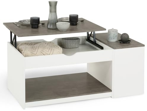 IDMarket - Table Basse Plateau relevable rectangulaire ELEA avec Coffre Bois Blanc et Effet béton