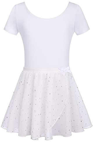 Arshiner Vestito da Balletto a Maniche Corte per Ragazze Abbigliamento da Balletto per Bambini Body da Balletto in Cotone con Gonna tutù Abbigliamento da Ballo Bianco 4-5 Anni