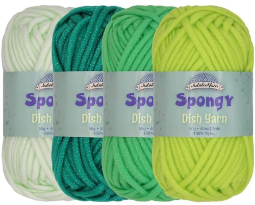 JubileeYarn Spongy Dish Yarn - Worsted Nylon Dishcloth - 50g/Skein - Shades of Green - 4 Skeins | Chunky, Nylon, Dishcloth