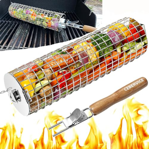 CEBERVICE Rolling Grill Basket, SUS304 Stainless Steel, Removable Wooden Handle, Round Cylinder BBQ Grilling Basket, Outdoor Cooking Griller, Smoker Accessories for Vegetable, Gifts for Men Dad