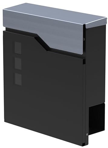 STALFLEX | Zeitungsbriefkasten Metall, Schwarz, Klappstahl INOX, 37x39x11 cm | Zeitungsbriefkasten Wand/Zaunmontiert, Drei Fenster, abschließbar