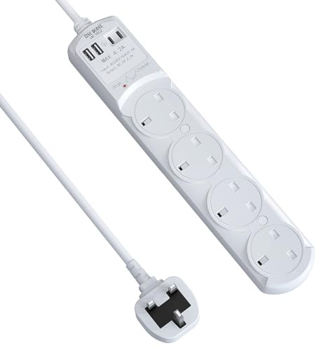 SE UKASE Extension Lead Power Strip Tower, 4 Way Socket Surge Protection with 4 USB Charger(2C+2A) Multi Plug 2990W Safety Shutter for TV PC Laptops Tablets