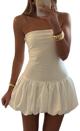 Edhomenn Women Strapless Mini Dress - Solid Color Puff Bubble Party Y2k Summer Tube Streetwear (01 White, S)