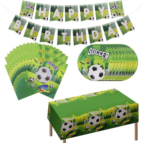 Huiguli Football Party Tableware Set, 44 Pcs Birthday Tableware Set with Banner Plates Napkins Tablecloth, Serves 10