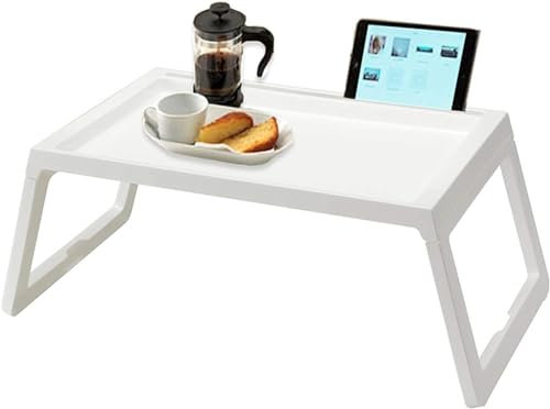 Scrivania per computer portatile, tavolo da letto per laptop, tavolo da letto, vassoio pieghevole per colazione, divano letto con gambe in metallo e ripiano superiore, in rovere bianco