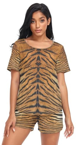HMZXZ Damen Schlafanzug-Set Tier Tiger Leopard Drucken Sommer Pyjama Woman Set,Tier Haut Loungewear und Shorts Lounge Set Sleepwear Nachtwäsche