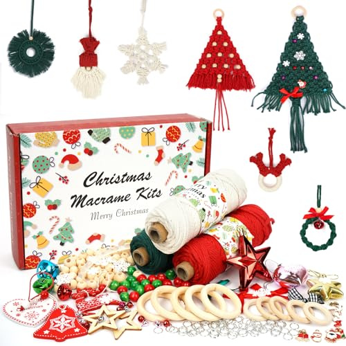 Kit macramè per principianti per Natale, con cordoncino macramè da 3 mm, perline, anelli, libro di istruzioni. Tutti gli accessori natalizi per realizzare alberi da parete, macramè da appendere alla