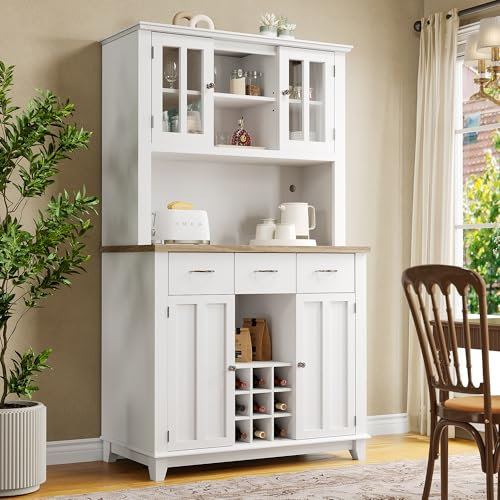 NNJN Küchenschrank, Hochschrank Küchenbuffet, Vitrinenschrank, Buffetschrank mit Verstellbaren Ablagen, Sideboard mit LED-Beleuchtung, Buffetschrank (weiße Schublade)