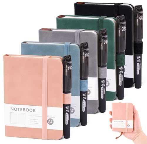 SHILIPAIJC 5 Stück Notizbuch Klein, Mini Notizblock A7, Hardcover Notizbücher mit Stift Gummizugverschluss, Pocket Notizheft Pocketbook Taschen Journal für Schule, Arbeit, Büro (200 Seiten)