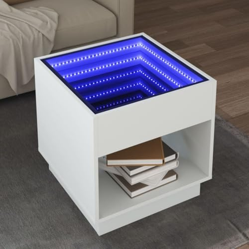 Myheimly Couchtisch, Beistelltisch mit Infinity-LED, Sofatisch Kaffeetisch für Wohnzimmer, Teetisch Wohnzimmertisch, Holzwerkstoff Glas Couchtisch Weiß,50 x 50 x 50 cm