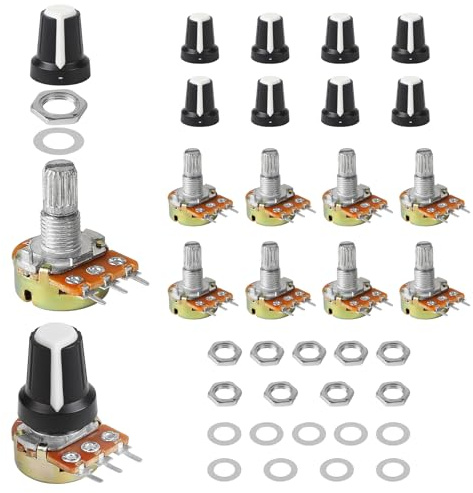 EFUTURETIME 20 Stücke Potentiometer (B1K 2K 5K 10K 20K 50K 100K 250K 500K 1M Ohm), Drehpotentiometer Linear 3 Anschlüsse mit 10 weißen Kunststoffknöpfen, Unterlegscheibe und Mutter