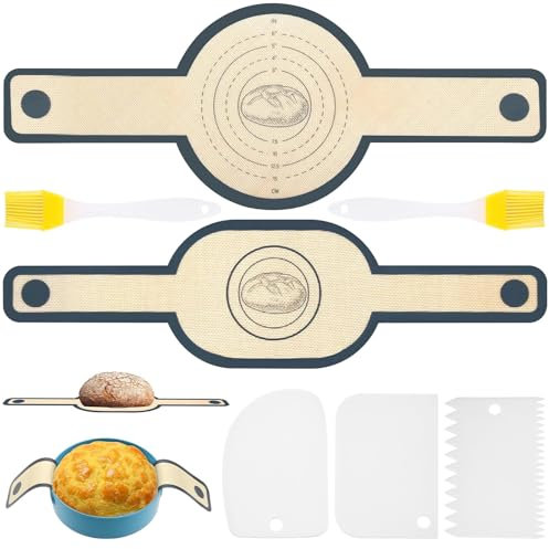 XSHAO® 2 Pcs Tapis de Cuisson Silicone pour Four Hollandais, Réutilisable Élingue à Pain avec Poignées Longues avec 3 Dough Scraper et 2 Pinceaux à Pâtisserie pour Pot à Pain/Pâte/Four