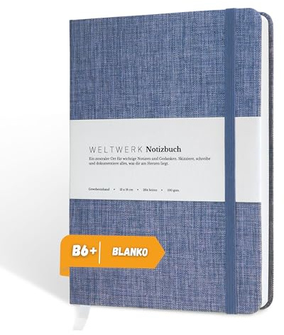 WELTWERK Anteckningsbok B6+ [Blanko, marinblå] högkvalitativ anteckningsbok med 100 g/m² papper, tygomslag och gummiband – litet anteckningsblock med 264 sidor för bullet journaling, skisser och