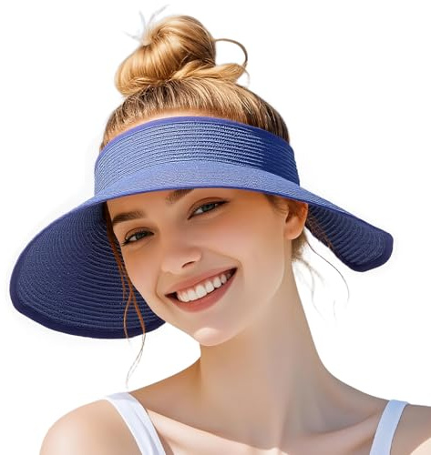 powerking Sombreros Plegables con Visera para Mujer, protección Solar, Sombrero de Playa de Paja de ala Ancha, Sombreros de Verano Vacaciones de Verano