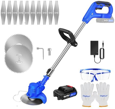 21V Coupe Bordure sans Fil avec Batterie, Coupe-Herbe électrique,Débroussailleuse à Gazon sans balais,Tête Orientable à 90°, Hauteur Réglable(1xbatterie /Bleu)