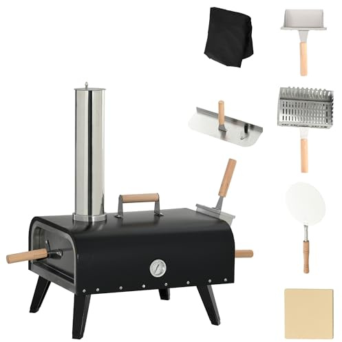 Outsunny 2-in-1 Pizzaofen Grillofen mit Pizzaschaufel, Pizzastein, Pizzaschieber, Klappbar Holzbackofen für BBQ Outdoor Schwarz Stahl
