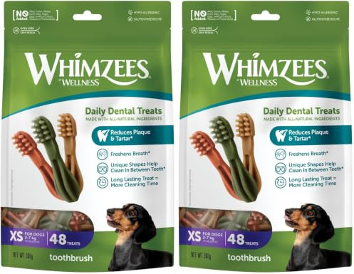 WHIMZEES by Wellness Zahnbürste, Kaustangen für sehr kleine Hunde, Hundesnack zur Zahnpflege, Größe XS, 48 Stück, ohne Zuckerzusatz, getreidefrei, natürlich, fettarm (Packung mit 2)