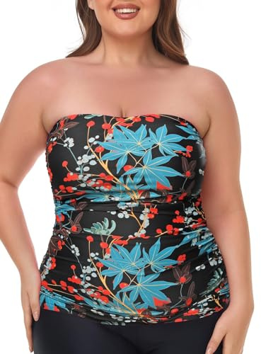Ocean Blues Tankini bandeau sans bretelles pour femme - Contrôle du ventre - Haut de maillot de bain uniquement, Motif feuilles, 4XL