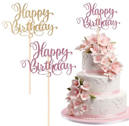 Wanmu 2Pcs Birthday Cake Toppers, Personalised Glitter Happy Birthday Cake Decorations for Women, Glirs Celebrating, Anniversary, Party Supplies (Rose Gold, Glod)