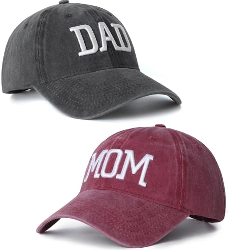 Set di 2 cappelli da baseball ricamati regolabili per mamma e papà, regalo classico per genitori, coppie, regalo classico per mamma papà, cappello nero e cappello mamma rossa