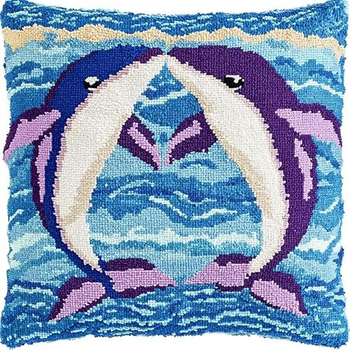 ANSIWEIGO Knüpfkissen Set 43x43 cm – DIY Latch Hook Kissen Kit mit Muster, Garn & Knüpfhaken – Handarbeitsset für Kinder & Erwachsene – Teppich Knüpfset zum Selbermachen – Paar Delfine