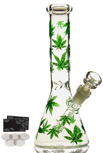 Glass Bong with Spiral Bong Filter, 14.5mm Bowl 19.3oz Water Bong with Smoking Accessories Buckle Hookahs Glass Bongs Cheap pipe (Green sticker pipe)