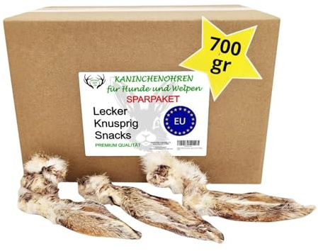 ARTISAN GIFT CO Naturliga mellanmål för hundar – 100% utsökt torkat kött, lämplig för barf-diete - Kaninöron för hundar – ekonomipack 700 g