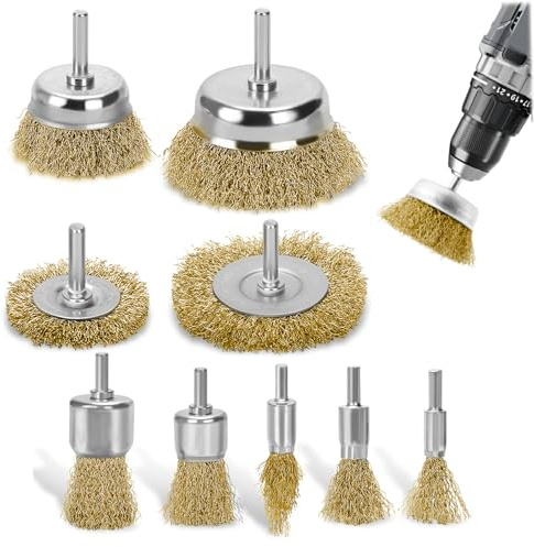 Pmueuff 9 Pezzi Spazzole Metalliche per Trapano, Spazzole per Trapano Ottone con Codolo da 6mm Spazzole Metallo per Pulire Spazzola Ottone a Tazza per Pulizia Sverniciatura Ruggine Ferro Metallo Legno