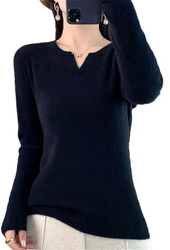 Maglione da donna in lana merino ad alta elasticità rotondo con scollo a V sottile invernale con fondo in tinta unita, Nero , XL