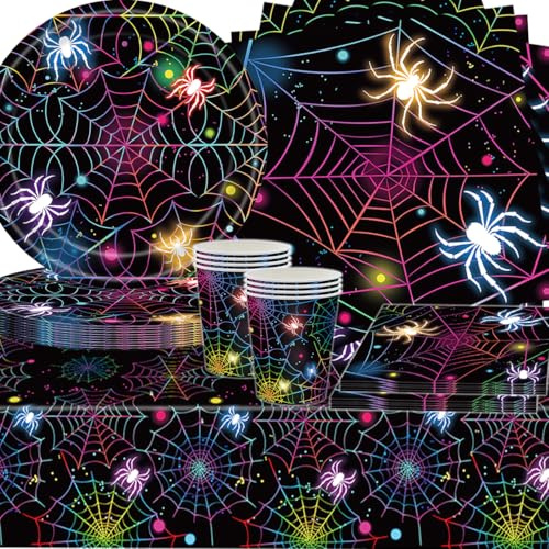 Vaisselle de Fête Araignée Noir，SANYUANHE 61 Pièces Décor de Table Toile Araignée,Décoration Anniversaire Spider Halloween,Nappe Assiette Tasse Serviette Papier