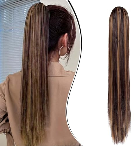 Dcbaboo Hästsvans, hårdel, fläta, förlängning med klämma, slät, lång ponytail förlängningar, hårförlängning, klämma, syntetisk, rak hästsvans, hårförlängning, fläta, 55 cm, mellanbrun och mörkblond