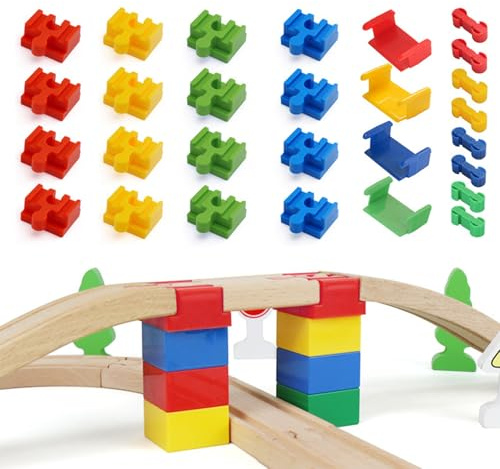 QingWing 28 Pezzi Adattatore per Ferrovia in Legno, Plastica Track Connectors wood Adapters, Universale per Bambini dai 3 ai 14 Anni Connettori per Ferrovia Set di Connettori Universali