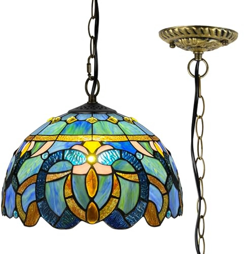 MOAN Pendant Light Stained Glass Hanging Lamp 12 Inch Wide 39 Inch Chain, Decor for Dining Room Hallway Kitchen(Blue Baroque Style)