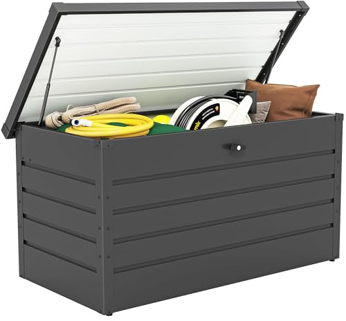 Outsunny 311L Garden Storage Box, Outdoor Storage Box Waterproof with Lockable Lid and Gas Rods, Galvanised Steel Deck Box Container for Tools, Cushions, Accessories, Dark Grey
