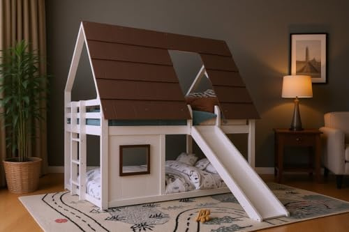Merax Lit superposé en bois de 140 x 200 cm avec toit, échelle et toboggan, lit pour chambre d'enfant, blanc + marron, en pin et MDF