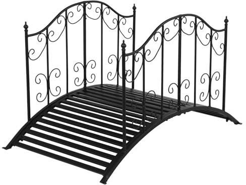 Bonnlo Gartenbrücke Metall 120cm, Teichbrücke mit kunstvoll gemustertem Geländer, Brücke Stabil und Wetterfest, bis 204 kg belastbar, Zierbrücke für Garten, Teich und Bach,Schwarz