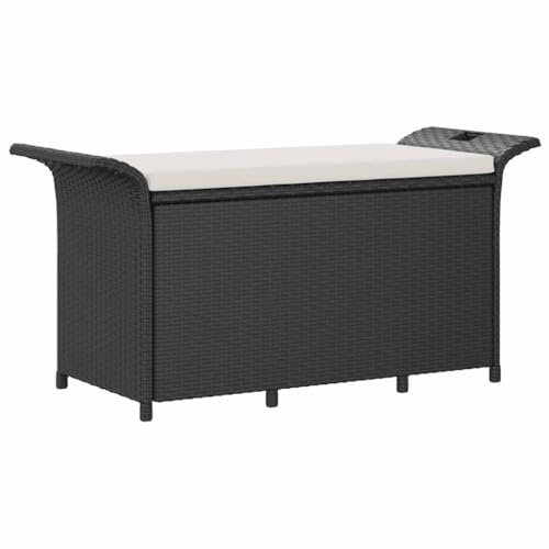 Fisinber Gartenbank mit Stauraum und Sitzkissen, Poly Rattan Sitzbank für Garten, Terrasse oder Balkon, Truhenbank mit Stahlrahmen, 116 x 46 x 57 cm, Schwarz