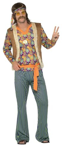 Smiffys - Herren 60er Jahre Sänger Kostüm, Oberteil, Weste, Hose, Gürtel und Kopfband, mehrfarbig Halloween