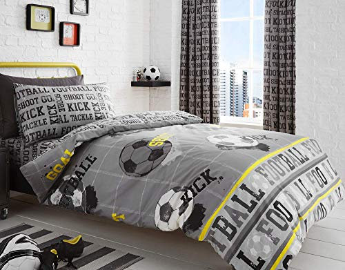 Bedlam - Housse de Couette Football Gris 200 x 200 cm - 2 Taies d'Oreiller - Motifs Réversibles - Literie pour Garçons - Accessoires Chambre