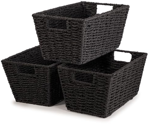 woodluv Storage Basket for Shelves, Woven Wicker Paper rope storage boxes, Baskets for Organizing, Gift Hamper Basket, Decorative Baskets, Black - L30.5 x W18.5 x 14.5 (H)