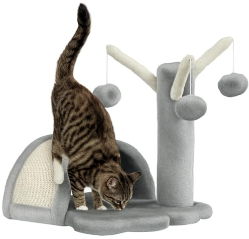 PawHut Kratzbaum 40 cm Kleiner Katzenturm mit Höhle, 2 Spielball, Kratzmatte, Katzenkratzbaum, Kletterbaum, für kleine & große Katzen, Hellgrau | 2 Spielball, Kratzmatte, Katzenkratzbaum, Kletterbaum, Kleine & Große Katzen