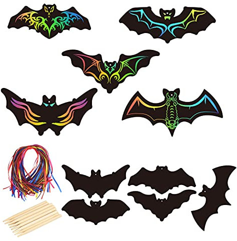 KATOOM 50stk Halloween Fledermaus Kratzbilder Kinder Kratzpapier Bat Scratch Paper Party Mitgebsel zum Basteln Kunstdruckpapier für Erwachsene Halloweendeko Bastelset Herbst Dekoration